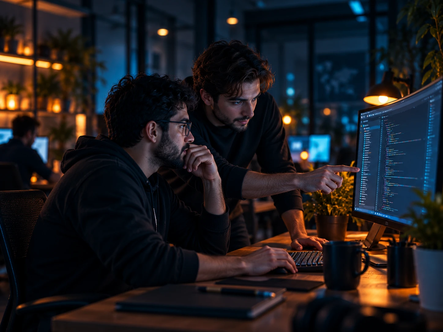 Two engineers pair-programming together at a shared monitor